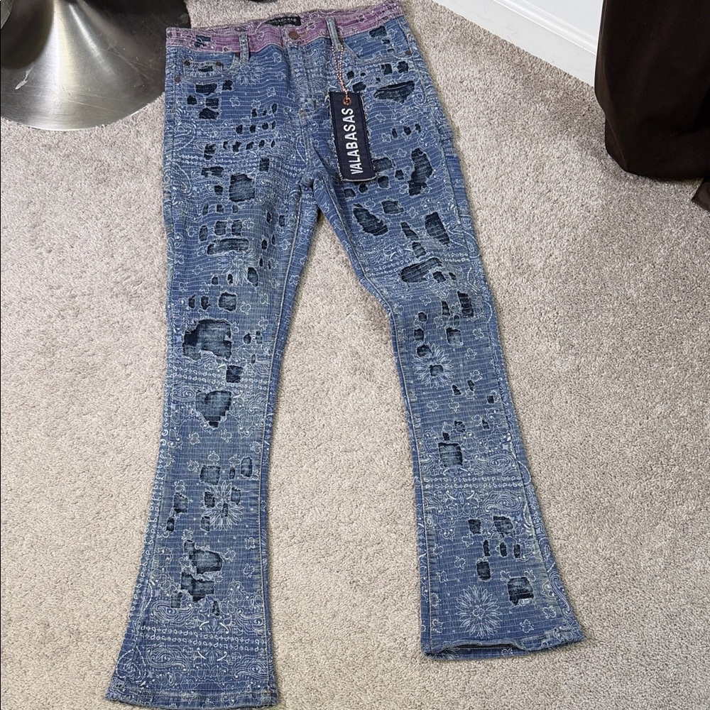 Mubasic Blue Distressed Flare Jeans